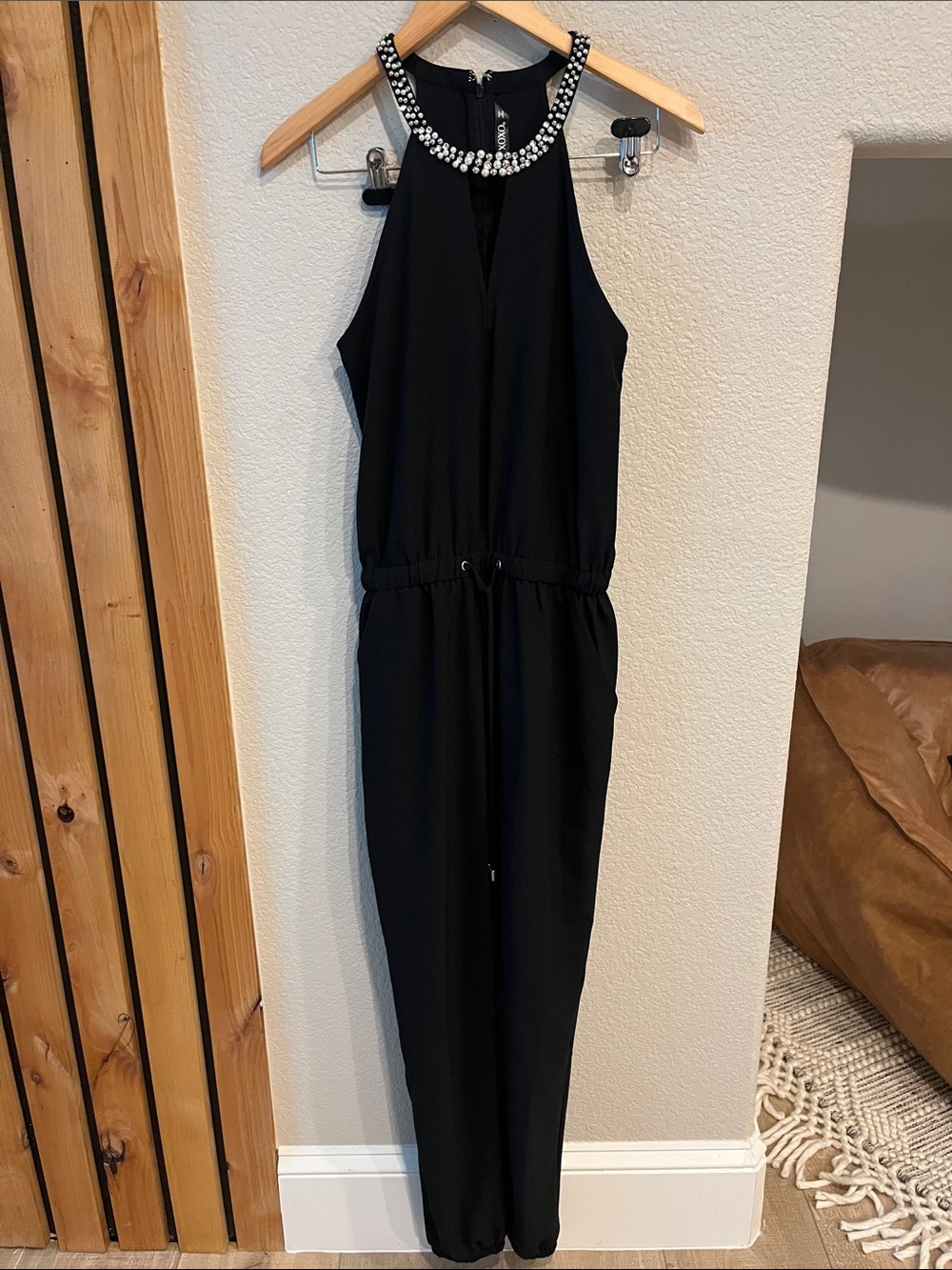 Black Beaded Halter Jumpsuit